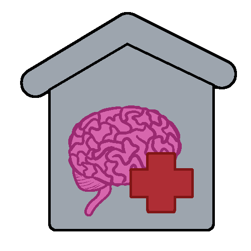 A brain with a red medical symbol next to it in a gray house shape